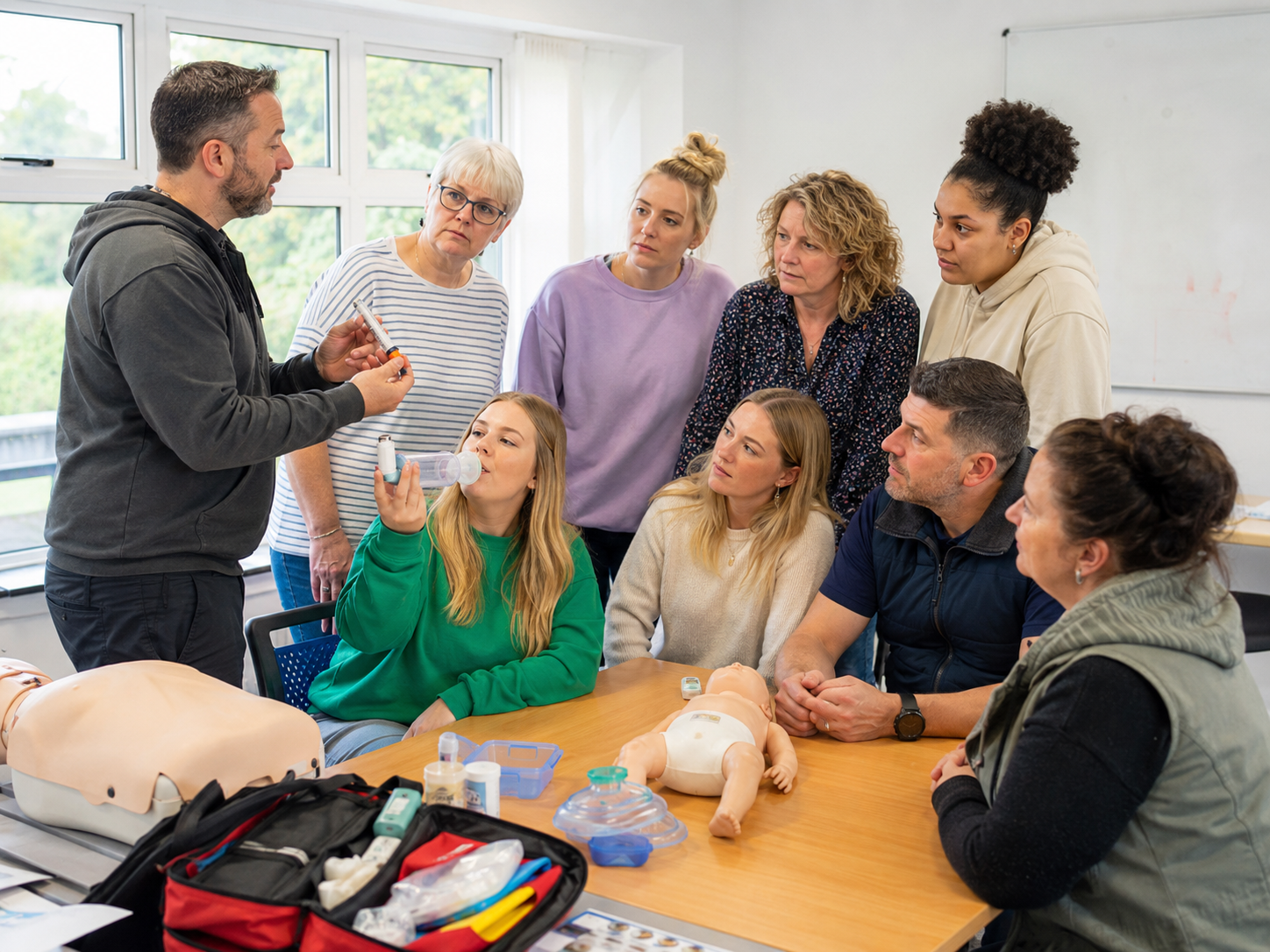 Person holding an EpiPen during anaphylaxis awareness training